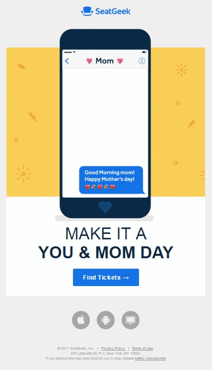 SeatGeek's Animated GIF example of a kid phone chatting with their mom about a Monther's day gift from SeatGeek