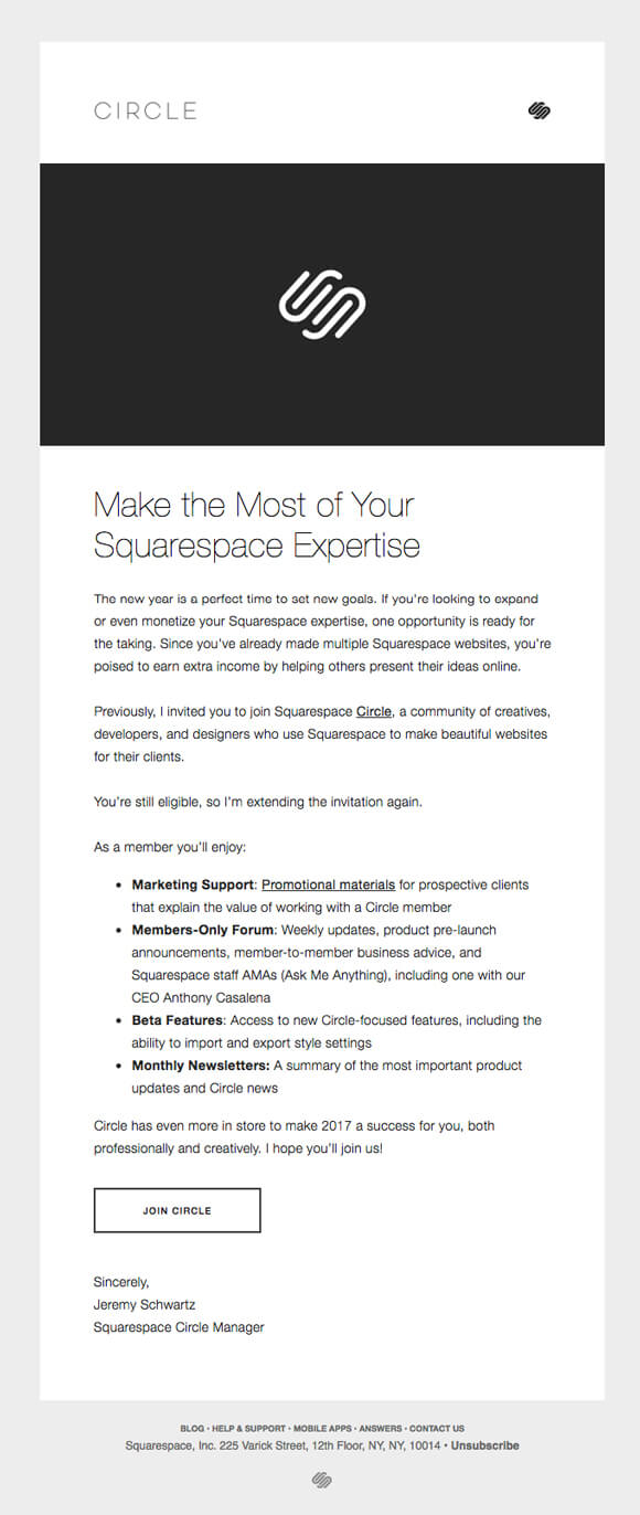 Modern Email Copywriting Example by Squarespace