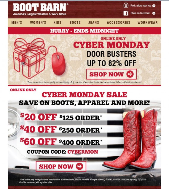 Boot Barn showcases a spend more save more discount tier in their Cyber Monday email