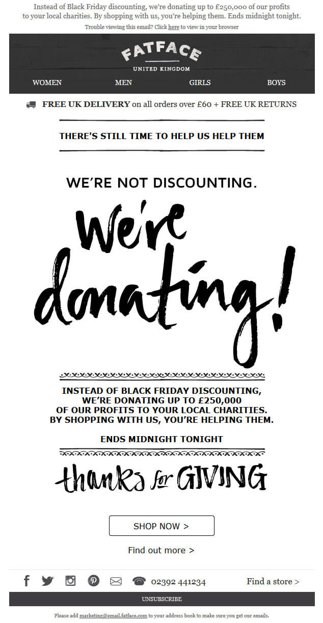 Fat Face donation Black Friday email featuring plain, paintbrush stroke lettering and filigree 