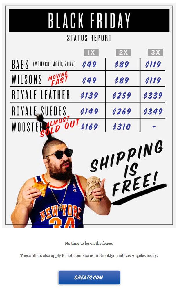 Greats Black Friday email featuring man in sunglasses, and basketball jersey eating New York style pizza in front of an inventory status board