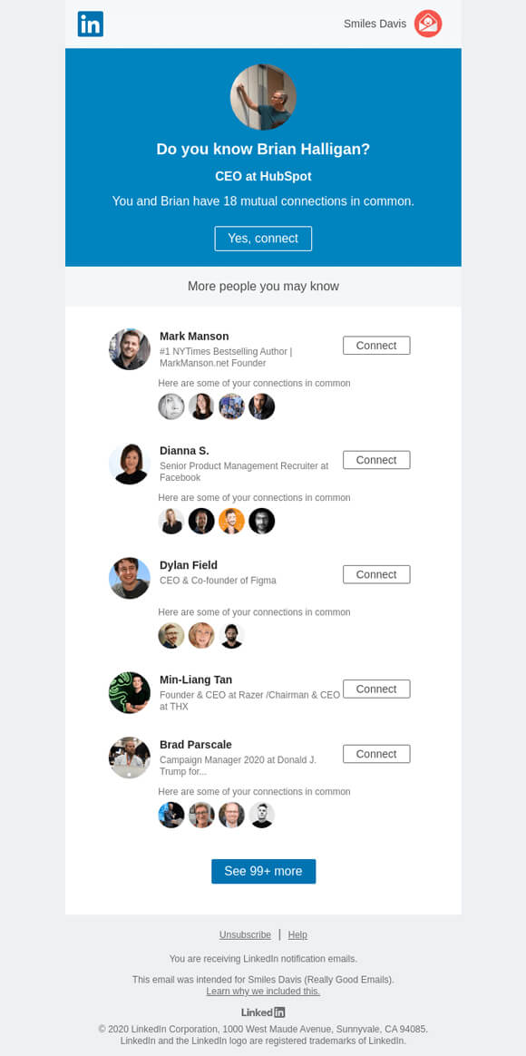 Beautiful email example by Linkedin