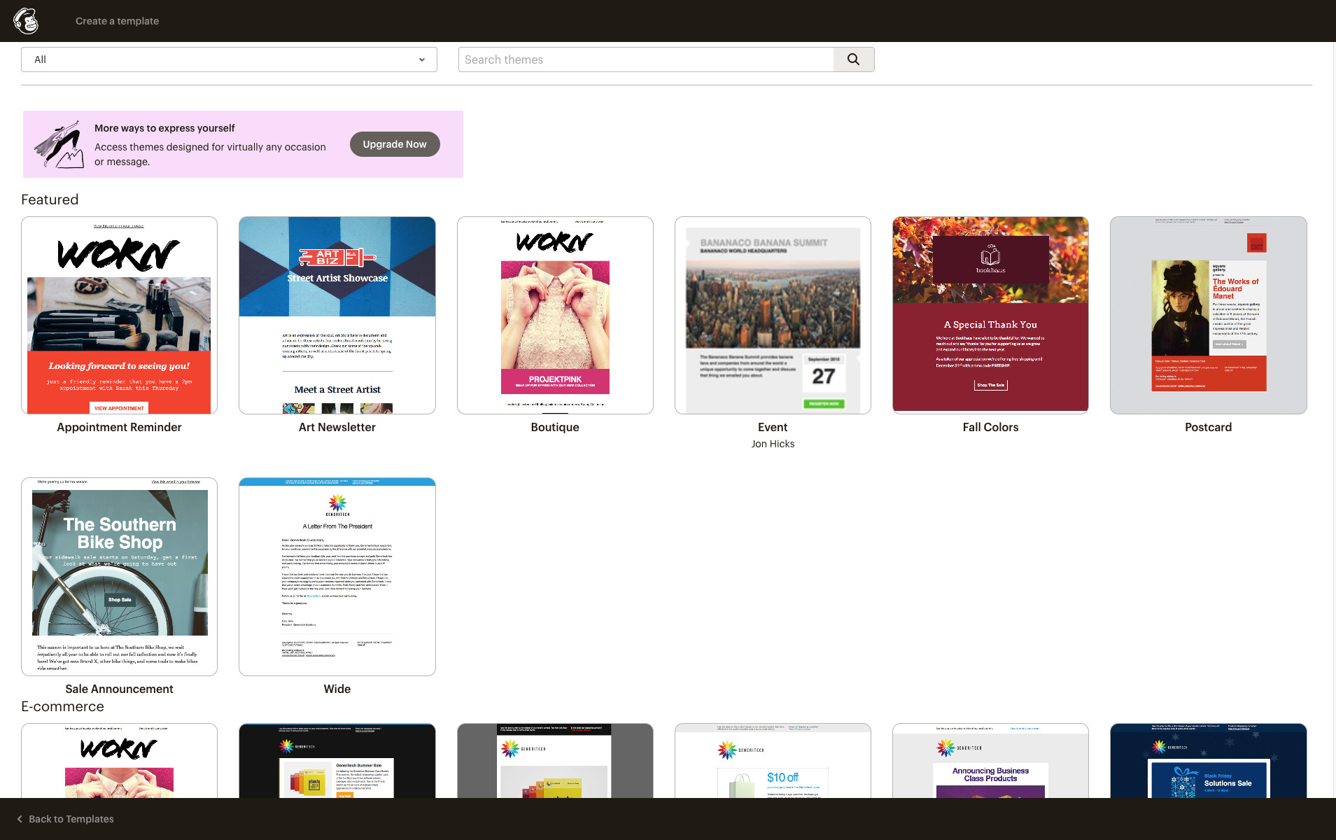 MailerLive vs Mailchimp: Screenshot of the Mailchimp templates