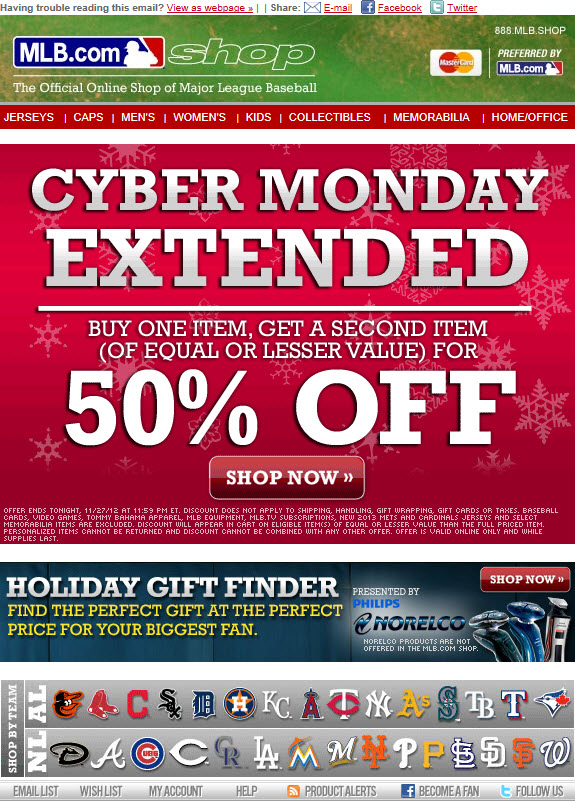 The MLB Shop's Cyber Monday email showcases its BOGO offer and gift guide