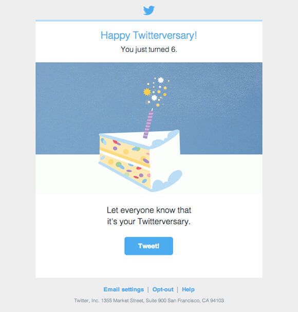 Email Copywriting Examples Anniversary - by Twitter