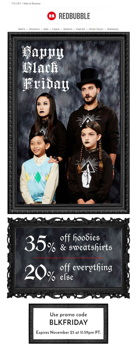 Redbubble Black Friday featuring family dressed in all black posing for a portrait next to a child dressed in bright colors