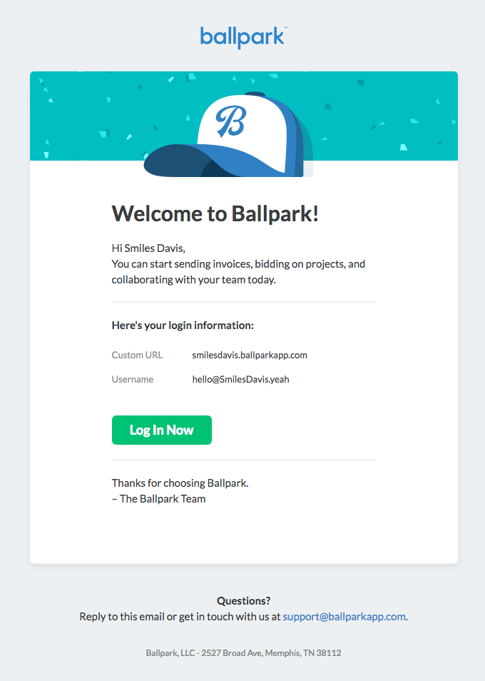 Ballpark welcome email example