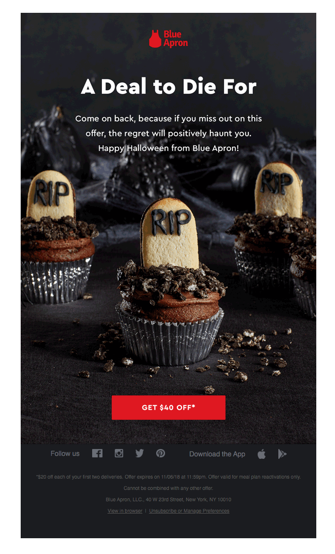 blue apron showcasing spooky treats and a sweet discount