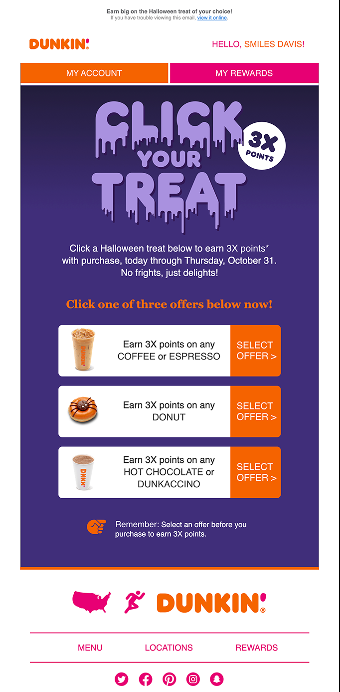 dunkin' donuts choose your treat and point reward options 