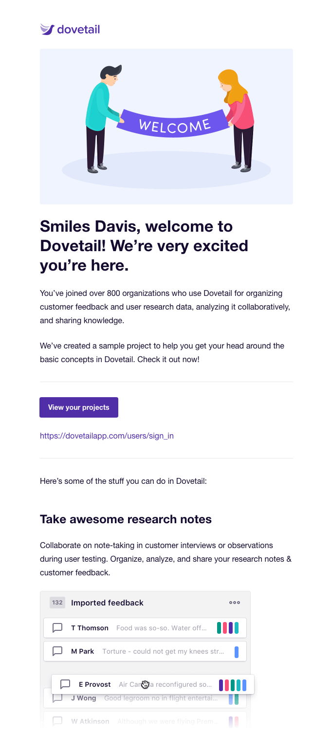 dovetail welcome email example