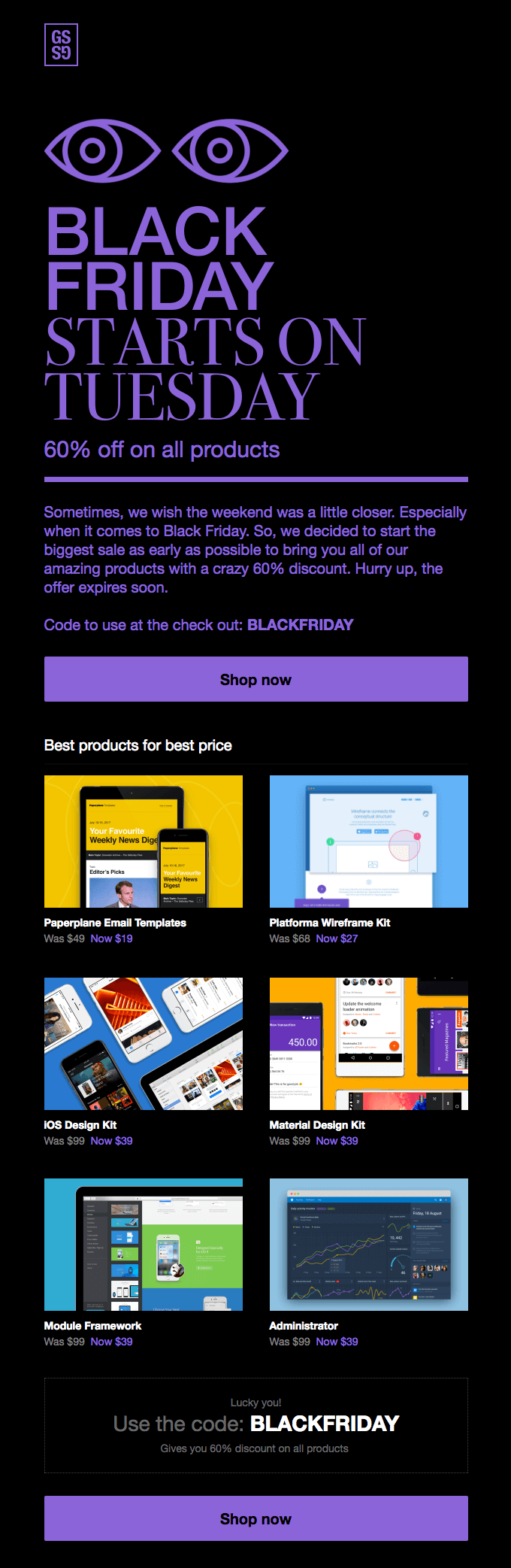 Great Simple Studio Black Friday email example