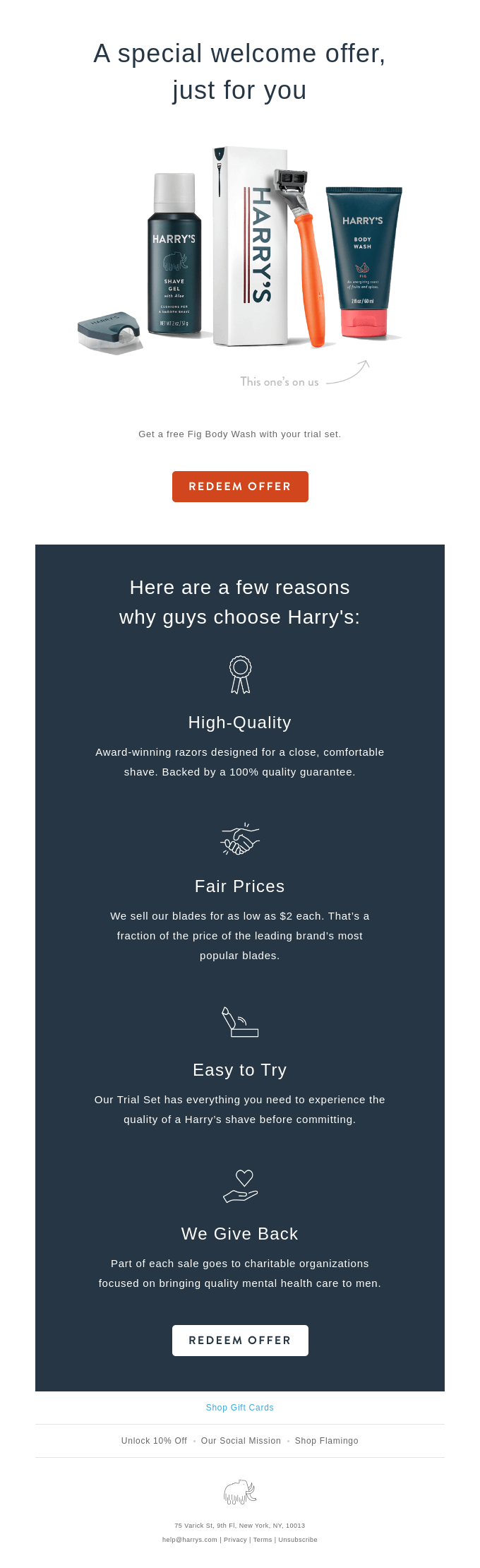 Harry's welcome email featuring a what to expect guide