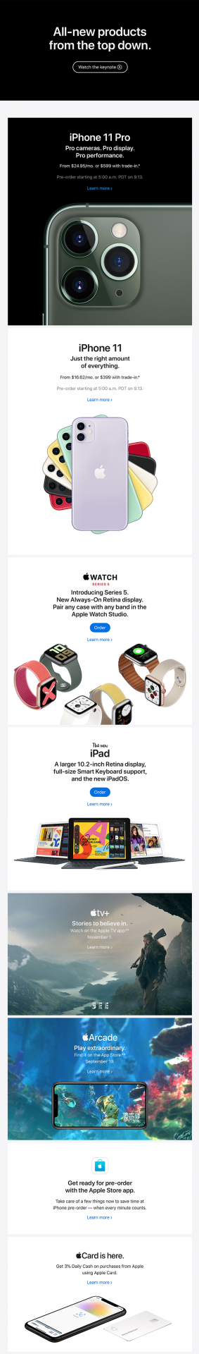 Email Automation Example by Apple - Showcasing their latest products from fall 2019