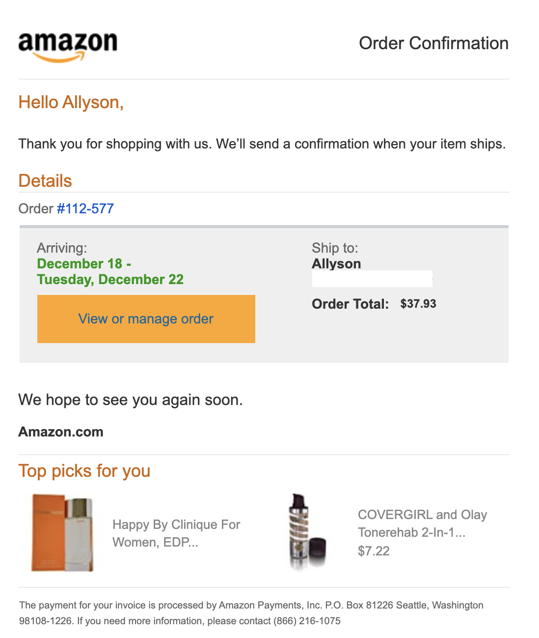 Amazon delivery confirmation email