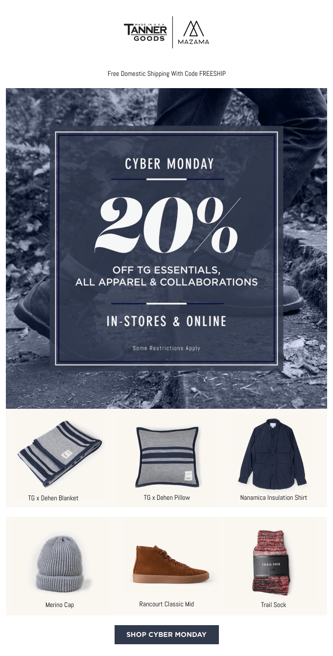 Tanner Goods cyber monday email