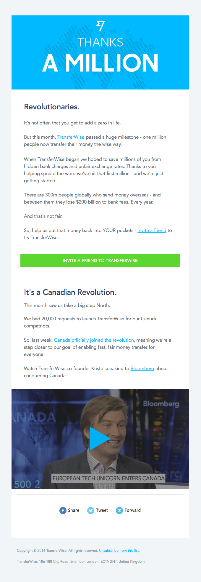 TransferWise customer appreciation email marketing