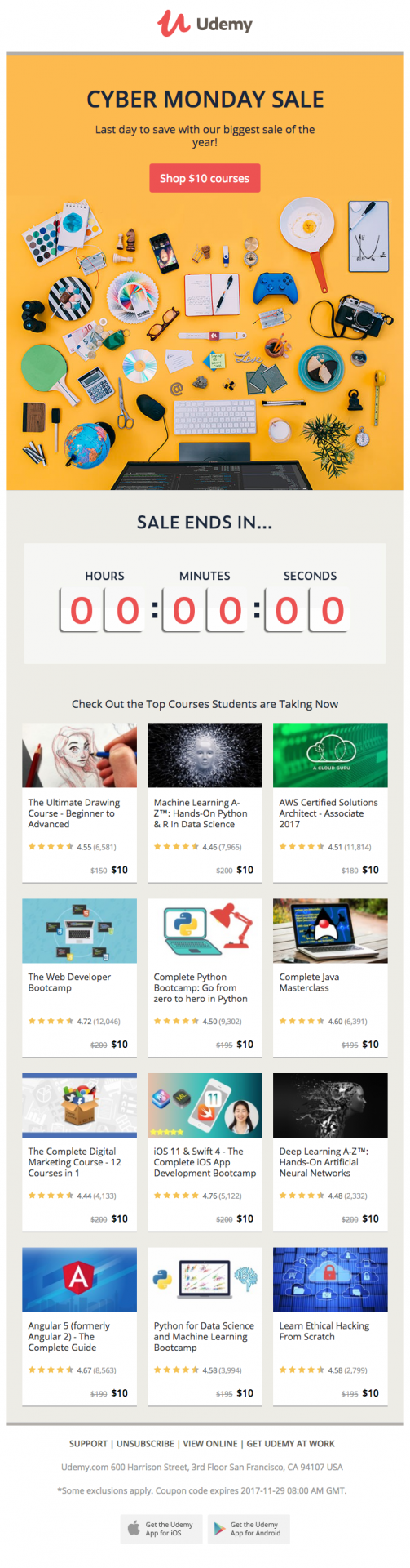 Udemy Cyber Monday email shows shoppers the different skills they can learn through their sale